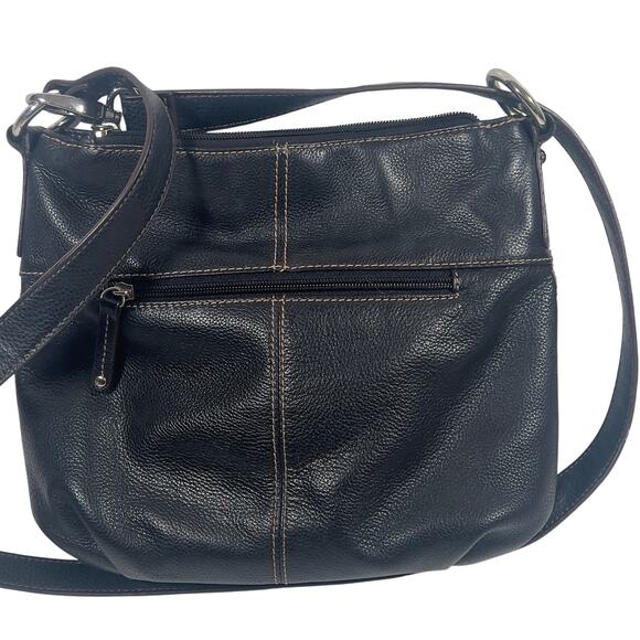 Black Pebbled Genuine Leather Crossbody Bag Many Zippered Pockets Floral Lining - Picture 2 of 16